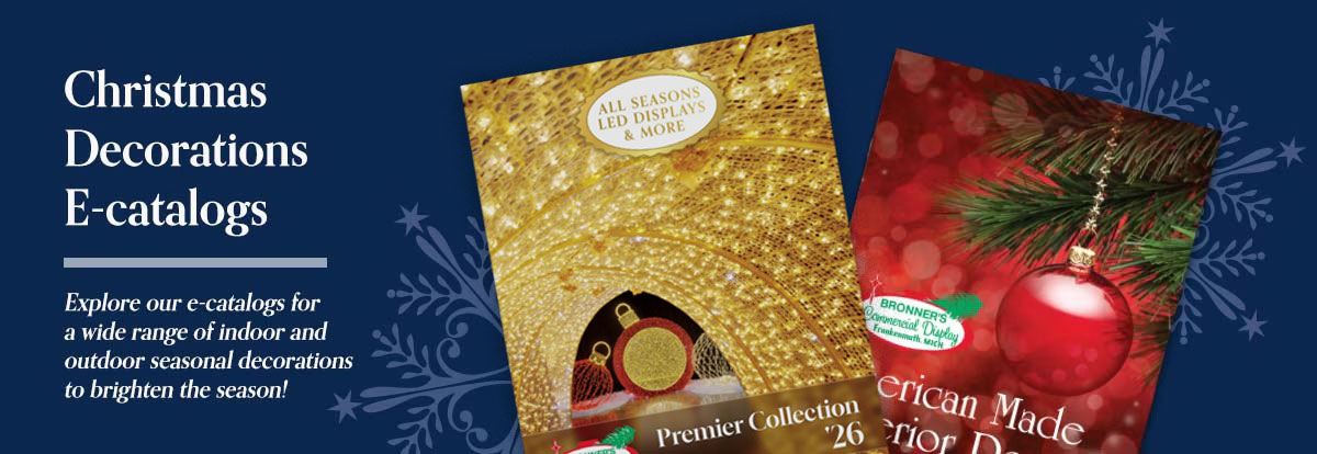 Christmas Decorations E-catalog - Explore Our e-catalogs for a wide range of indoor and outdoor seasonal decorations! | Bronner's Commercial Decorations 2026 - 2027 catalog laid out and opened